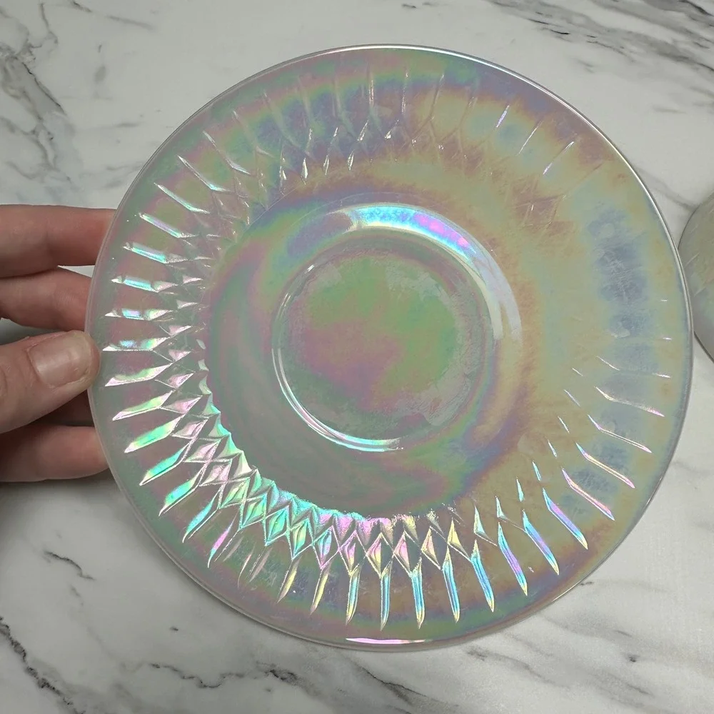 Vintage Federal Glass Moonglow Iridescent Tea Cup Saucer Set Princess Party